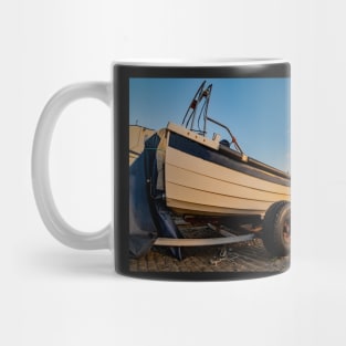 Fisheye view of crab fishing boat on Cromer beach Mug